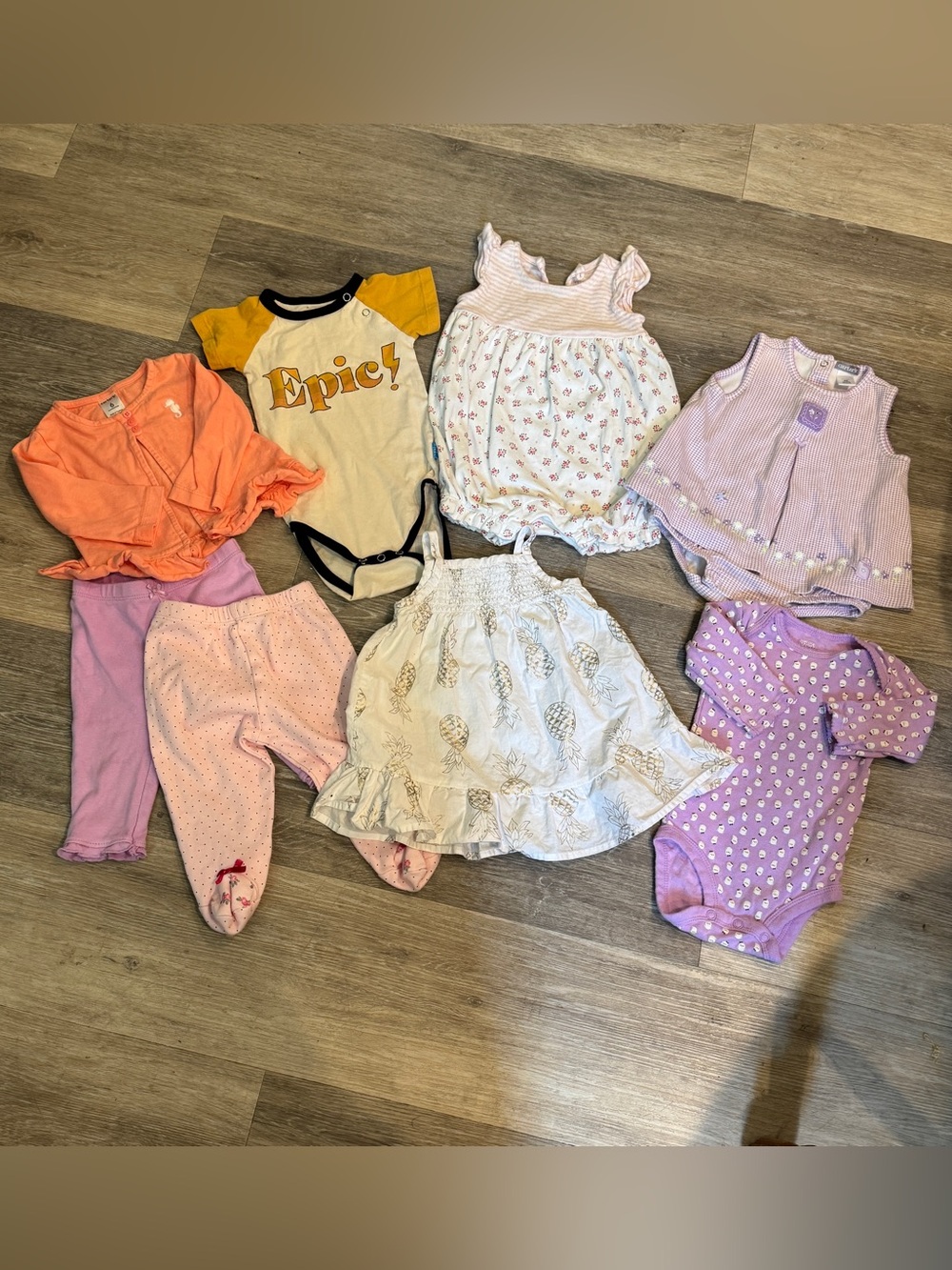 Lot 8 Pc Baby 100% Cotton Clothes Dresses Rompers Pants Coverup Onesies 6 mo